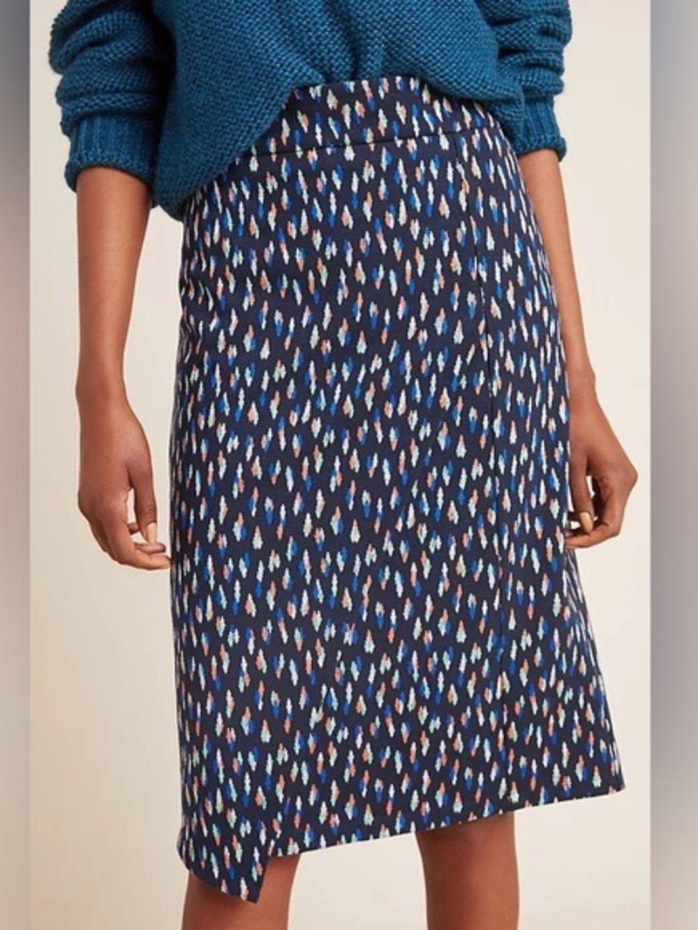 Anthropologie Maeve Debra Navy Orange Faux Wrap Knit Pencil Skirt, 2